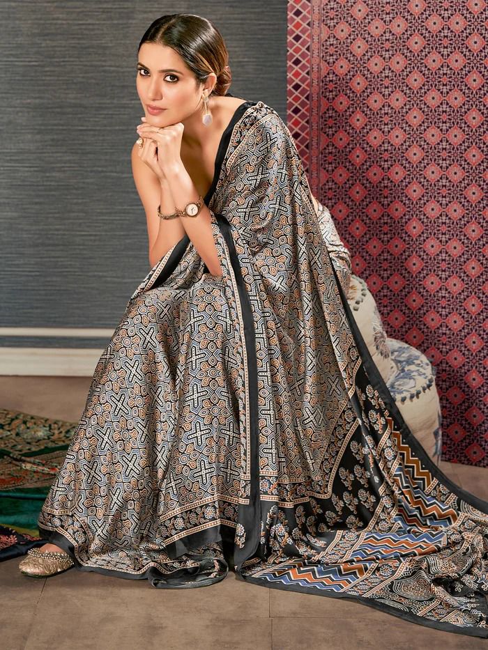 Beautiful Designer Party Wear Ajrakh Print Japan Crape Saree