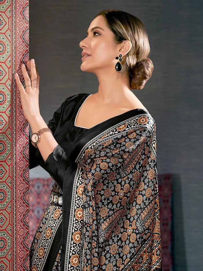 Beautiful Designer Party Wear Ajrakh Print Japan Crape Saree