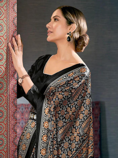 Beautiful Designer Party Wear Ajrakh Print Japan Crape Saree