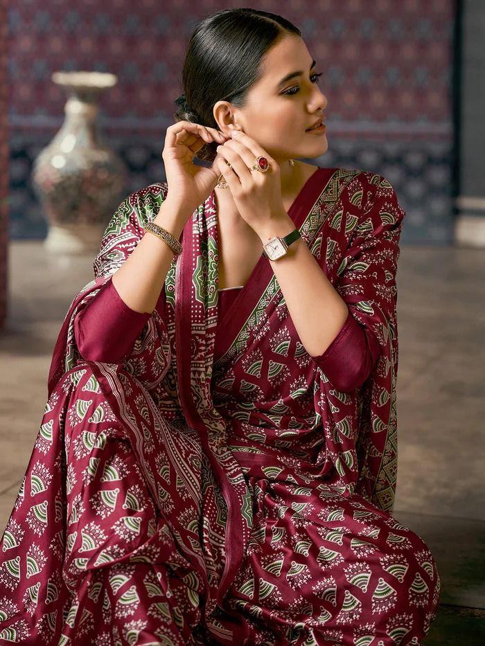 Beautiful Designer Party Wear Ajrakh Print Japan Crape Saree