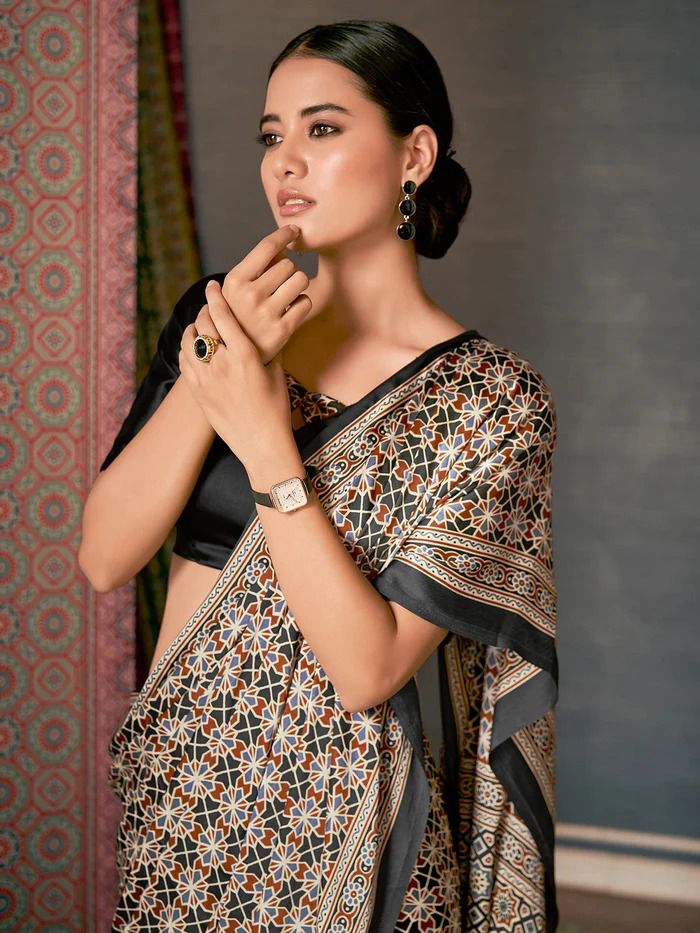 Beautiful Designer Party Wear Ajrakh Print Japan Crape Saree