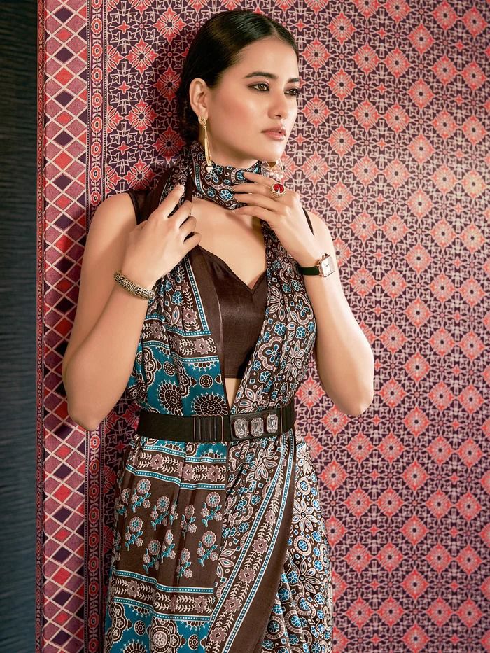 Beautiful Designer Party Wear Ajrakh Print Japan Crape Saree