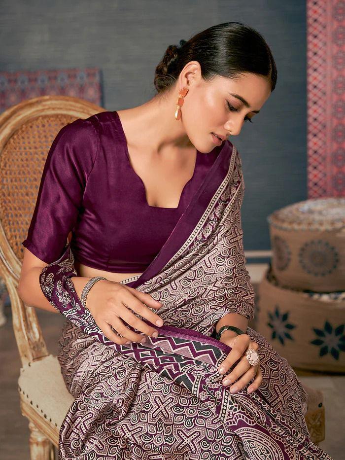 Beautiful Designer Party Wear Ajrakh Print Japan Crape Saree