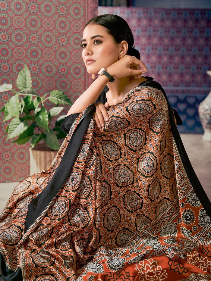 Beautiful Designer Party Wear Ajrakh Print Japan Crape Saree
