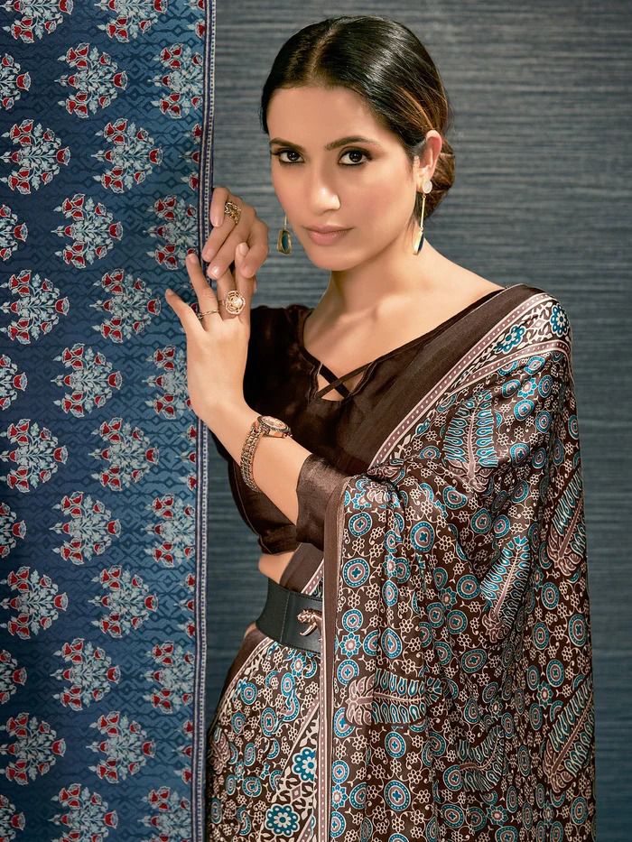 Beautiful Designer Party Wear Ajrakh Print Japan Crape Saree
