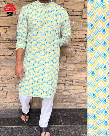 Beautiful Men's Designer Cotton Printed Mewaadi Kurta