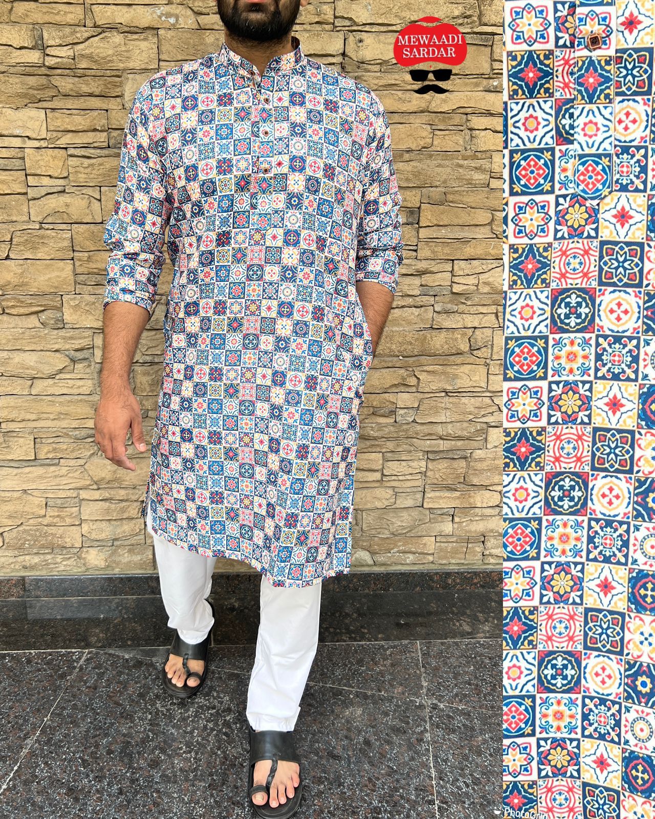 Beautiful Men's Designer Cotton Printed Mewaadi Kurta