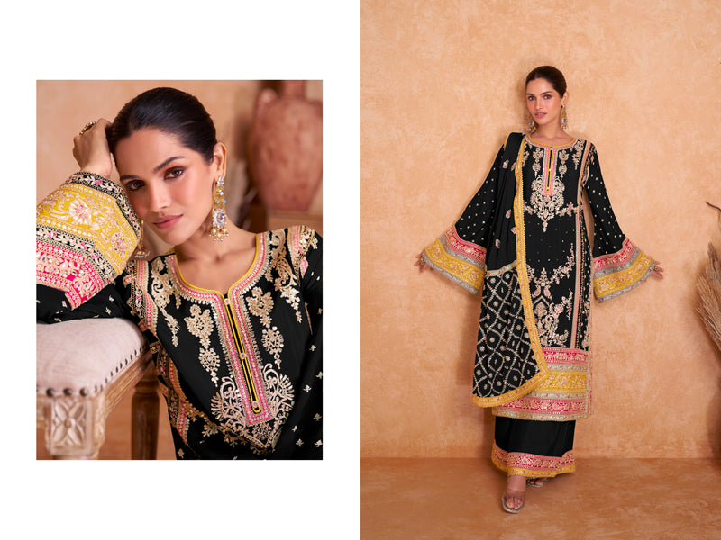 Designer Occasion Wear Latest Premium Real Chinnon Black Salwar Suit