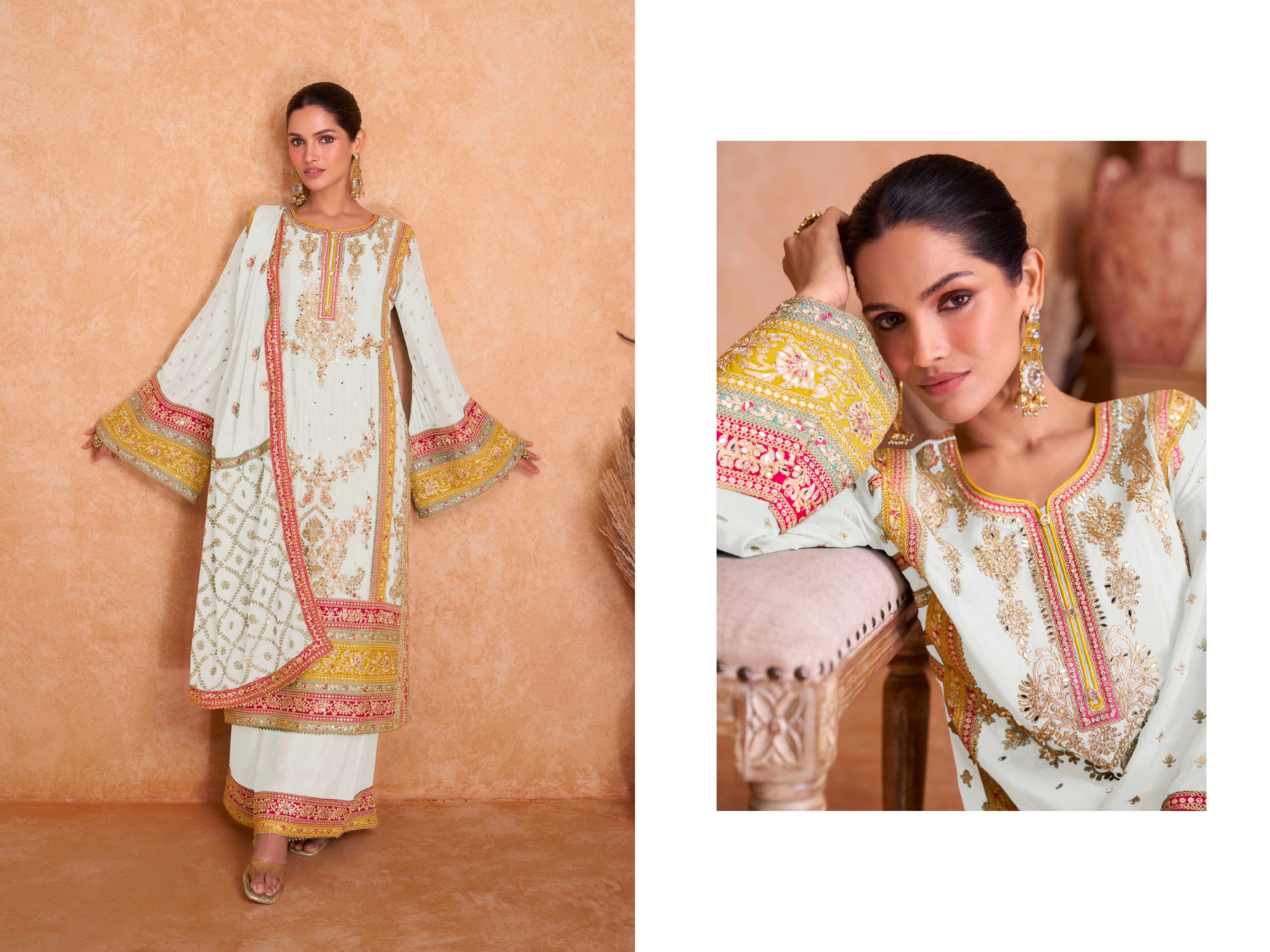 Designer Occasion Wear Latest Premium Real Chinnon White Salwar Suit