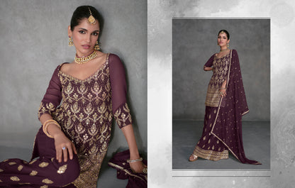 Maroon Georgette Sharara Suit with Embroidery Dupatta