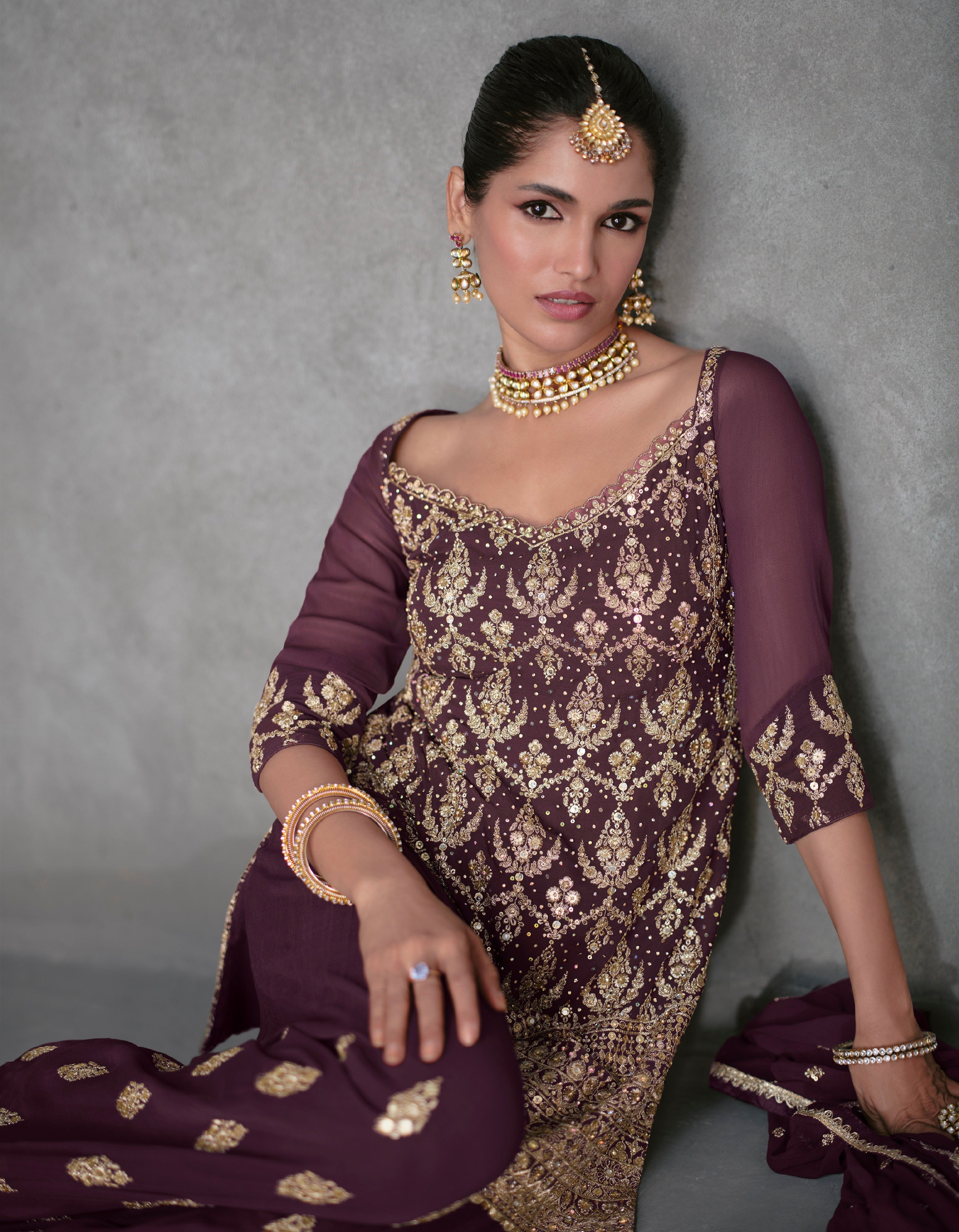 Maroon Georgette Sharara Suit with Embroidery Dupatta