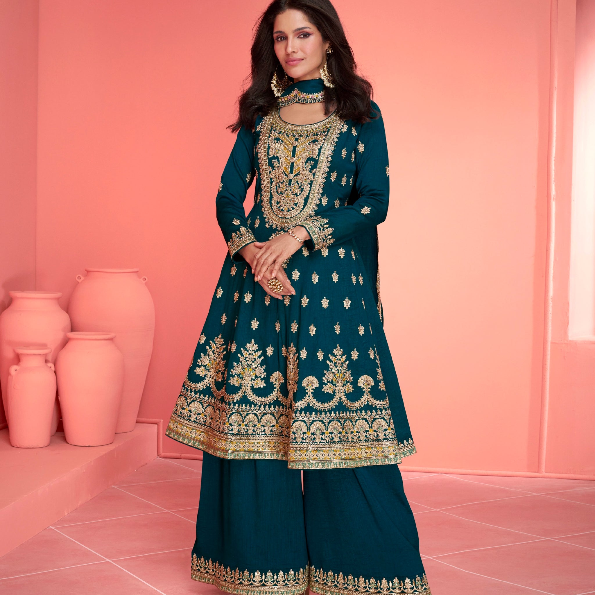 Green Anarkali Suit with Gold Embroidery and Silk Dupatta