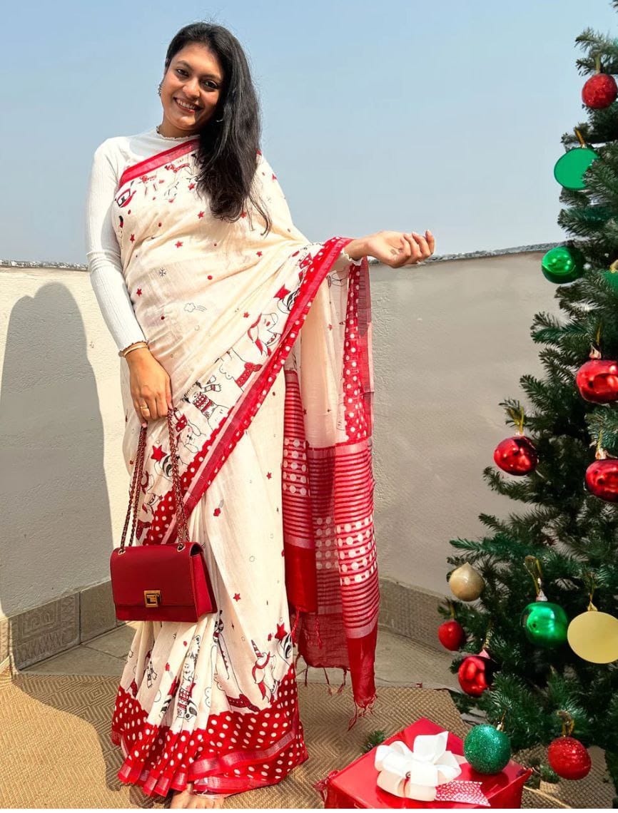 Beautiful Designer Party Wear Plain Linen Saree