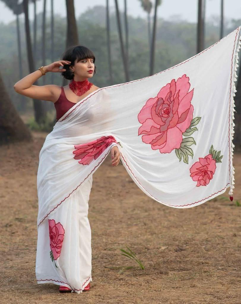 Beautiful Designer Party Wear Plain Linen Saree