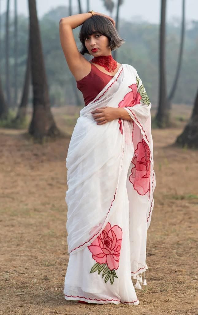 Beautiful Designer Party Wear Plain Linen Saree