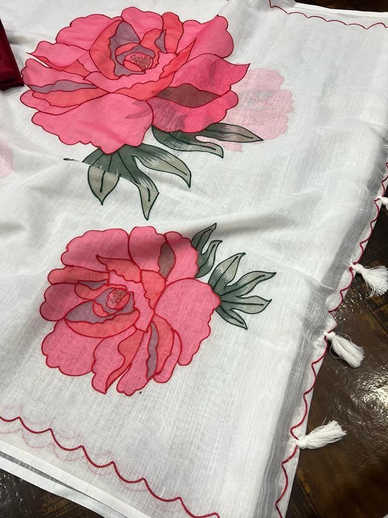 Beautiful Designer Party Wear Plain Linen Saree
