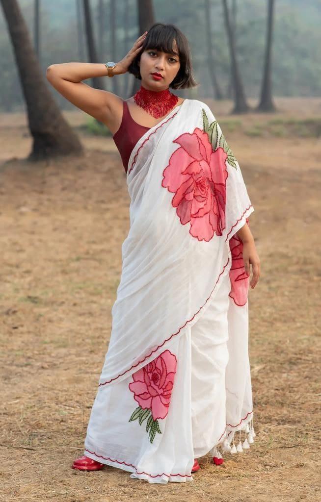 Beautiful Designer Party Wear Plain Linen Saree