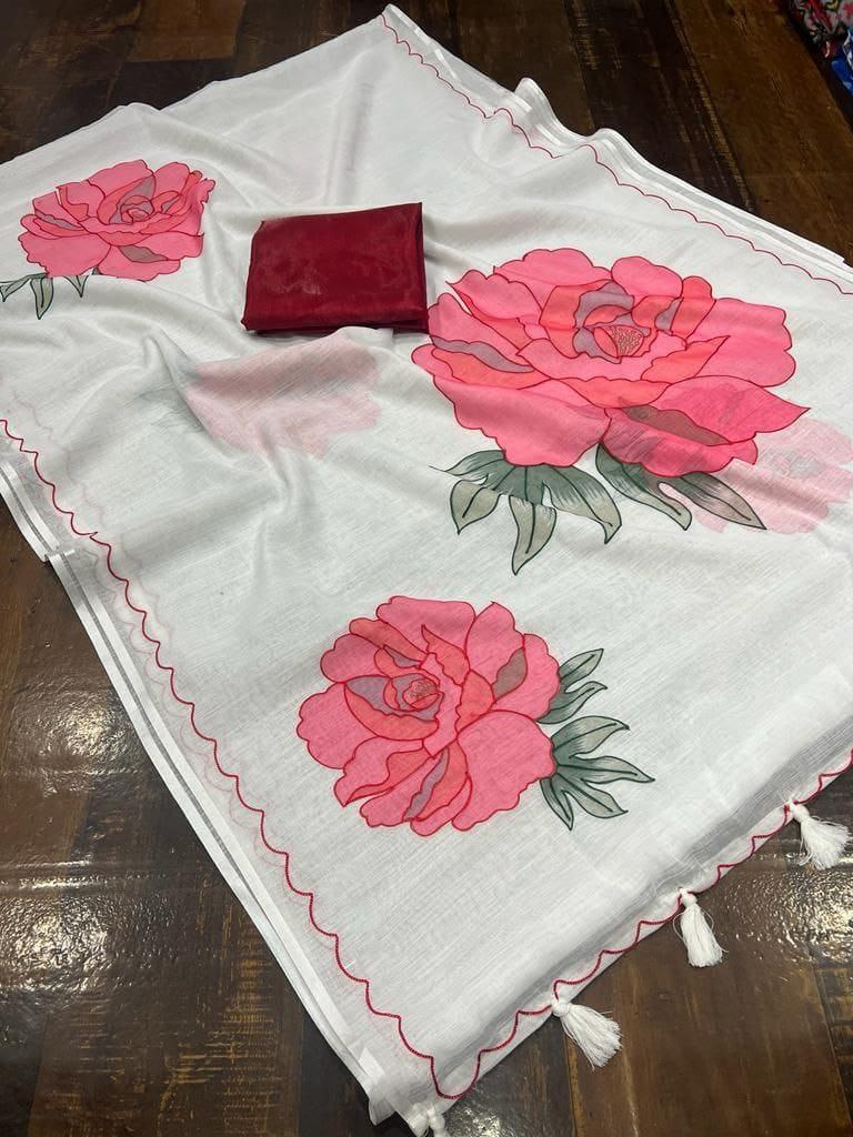 Beautiful Designer Party Wear Plain Linen Saree