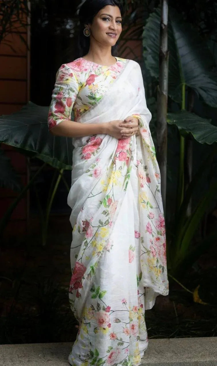 Beautiful Designer Party Wear Plain Linen Saree