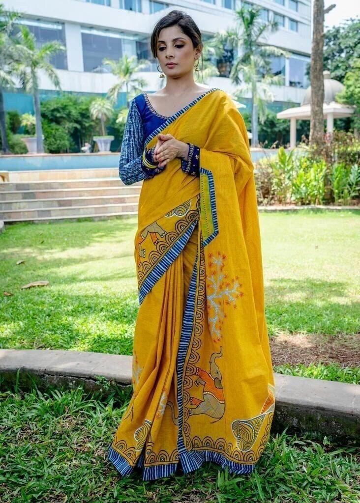 Beautiful Designer Party Wear Plain Linen Saree