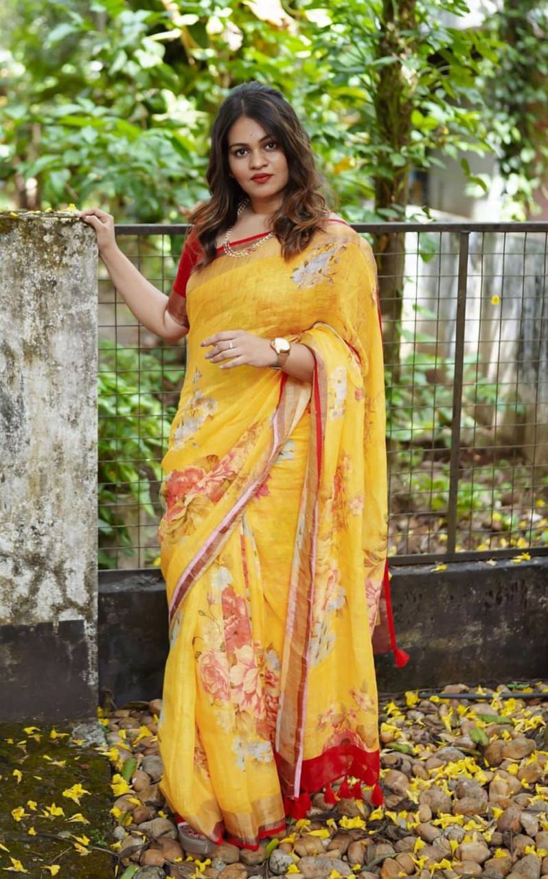 Beautiful Designer Party Wear Plain Linen Saree