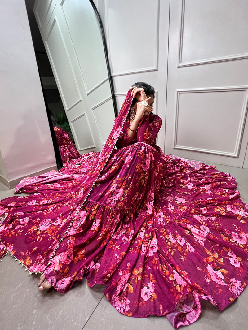 Beautiful Designer Occasion Wear Georgette Flower Print Gown