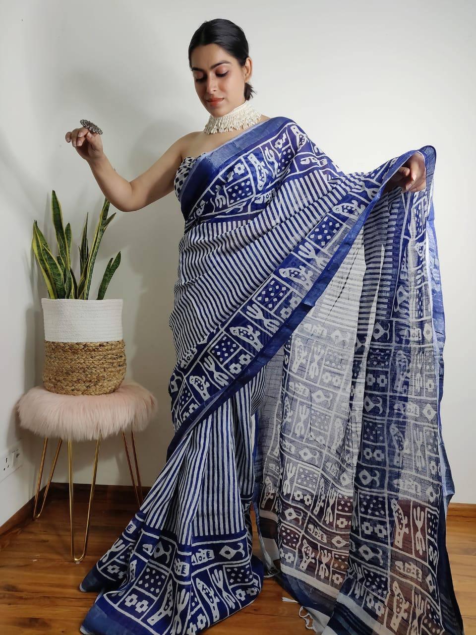 Beautiful Designer Party Wear Plain Linen Saree