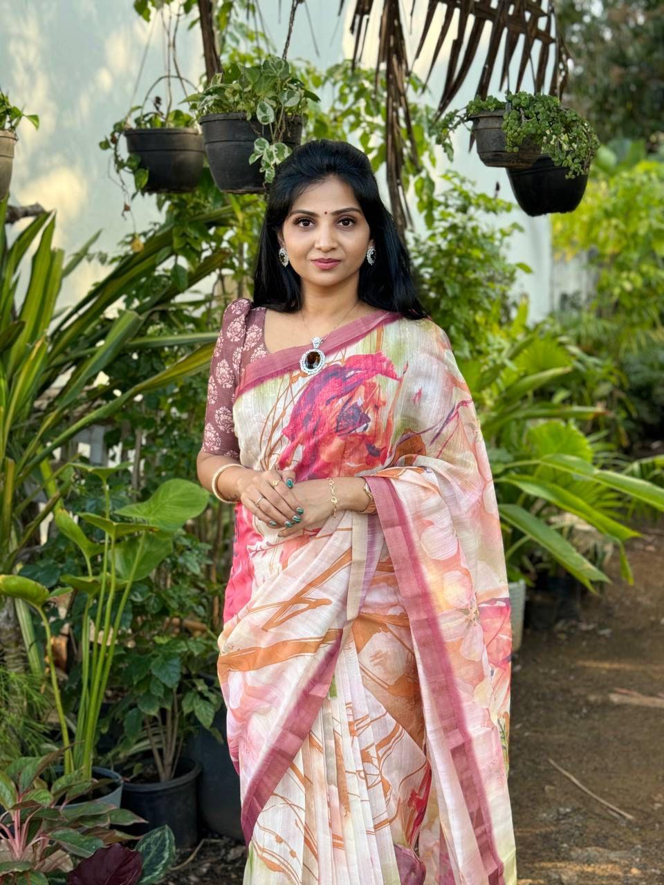 Beautiful Designer Party Wear Plain Linen Saree