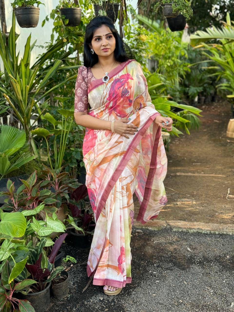 Beautiful Designer Party Wear Plain Linen Saree