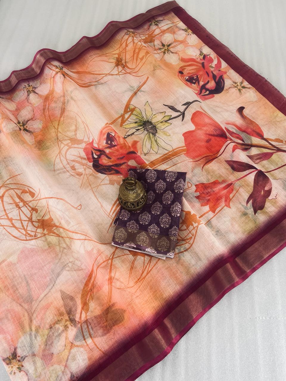 Beautiful Designer Party Wear Plain Linen Saree