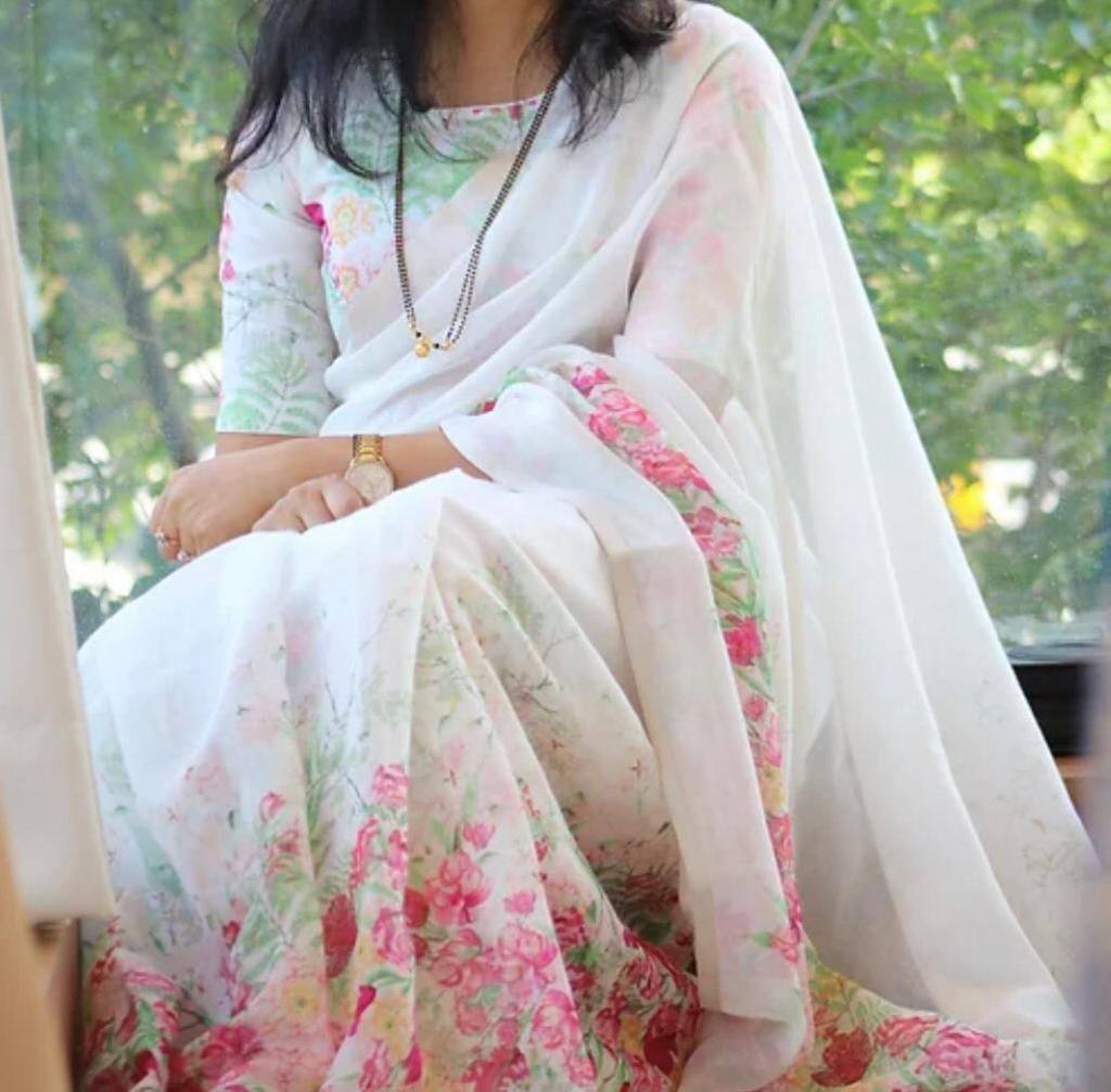 Beautiful Designer Party Wear Plain Linen Saree