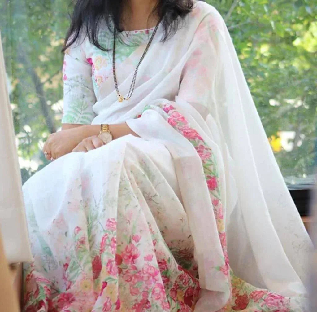 Beautiful Designer Party Wear Plain Linen Saree