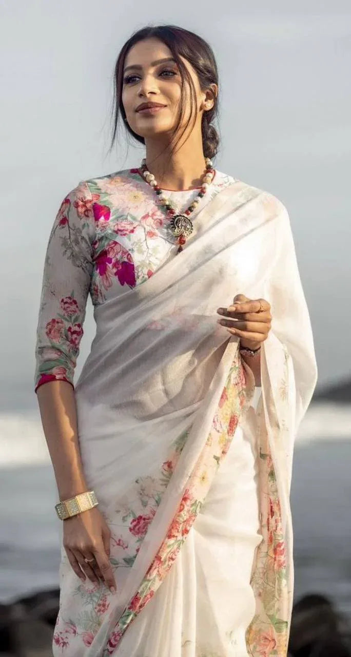 Beautiful Designer Party Wear Plain Linen Saree
