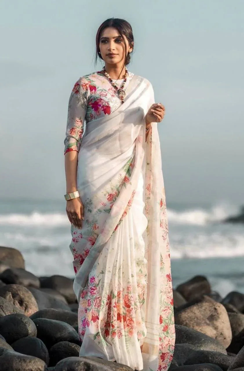 Beautiful Designer Party Wear Plain Linen Saree