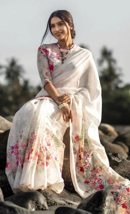 Beautiful Designer Party Wear Plain Linen Saree