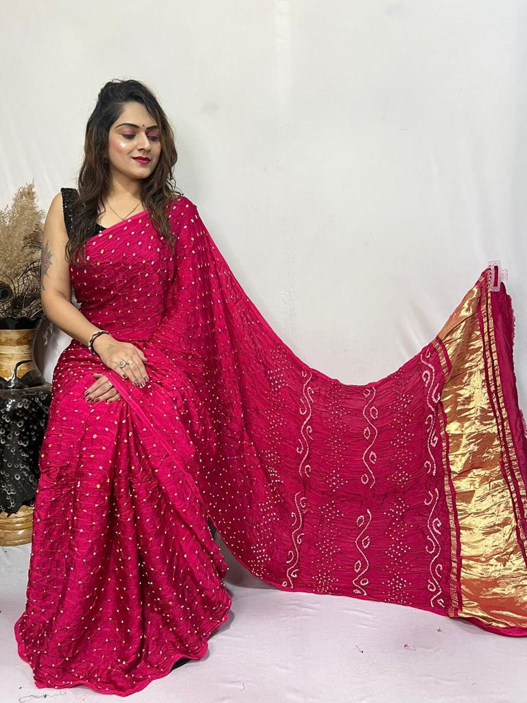 Beautiful Designer Bandhni Gajji Modal Silk Lagdi Pallu Saree