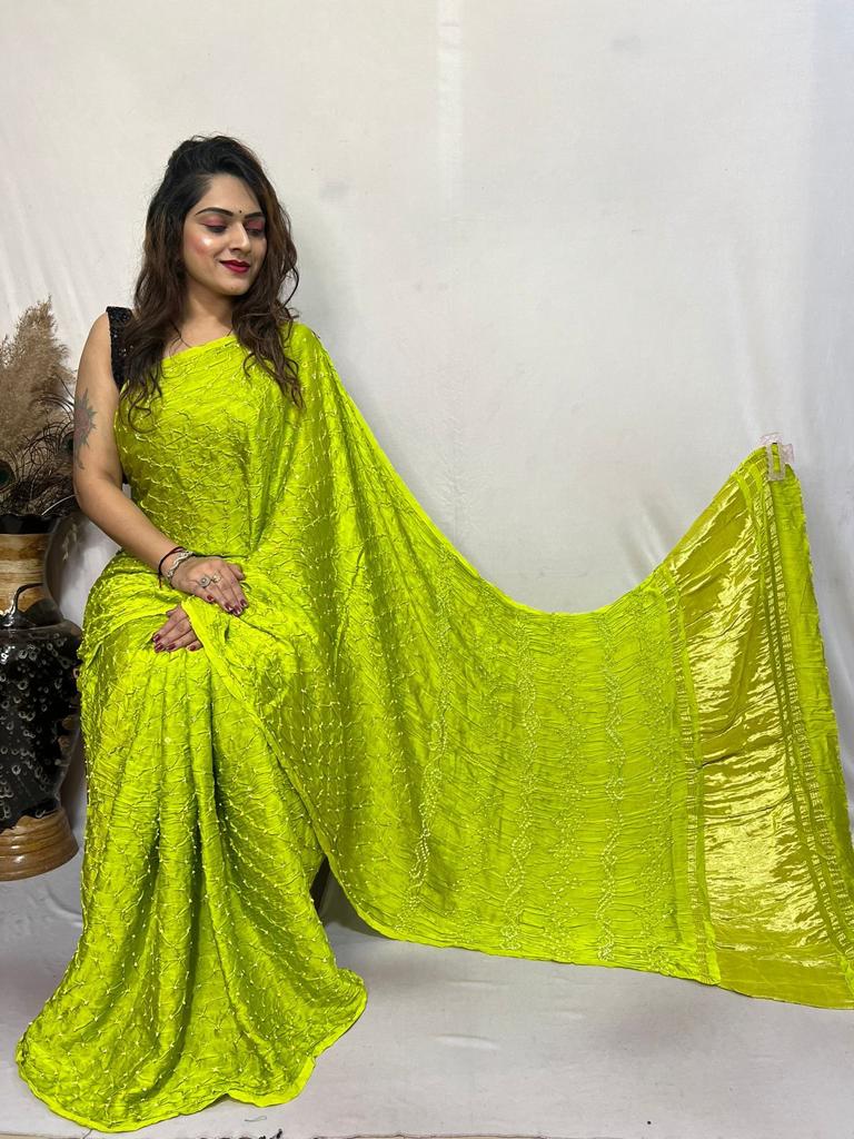 Beautiful Designer Bandhni Gajji Modal Silk Lagdi Pallu Saree