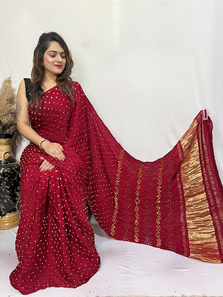 Beautiful Designer Bandhni Gajji Modal Silk Lagdi Pallu Saree