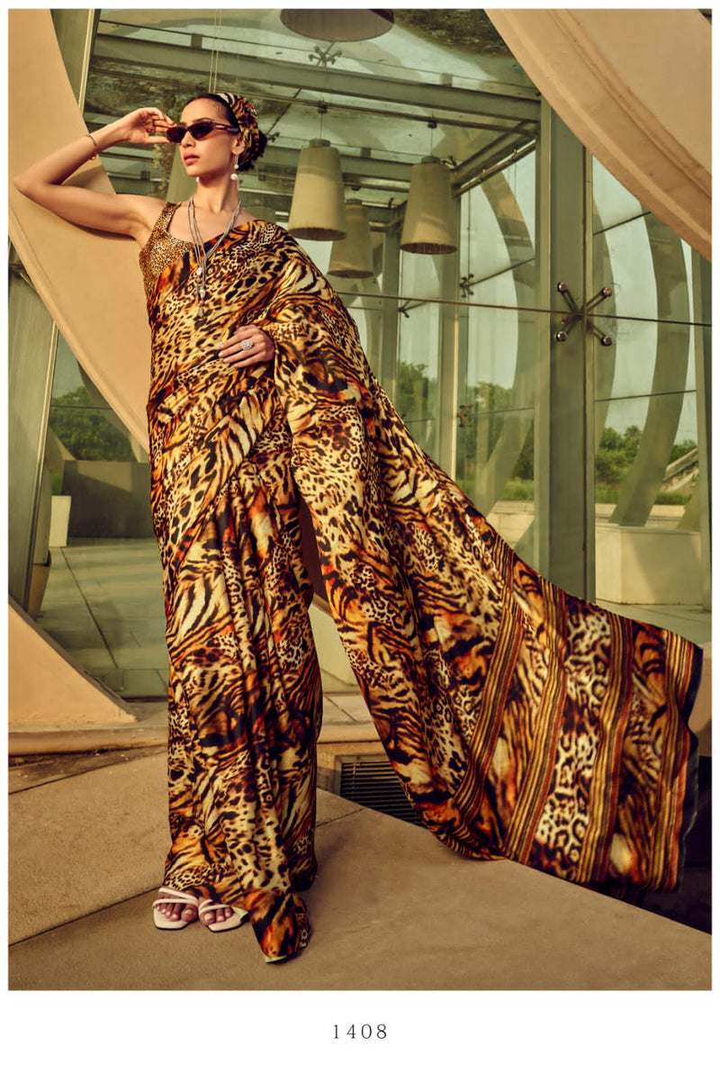 Beautiful Designer Digital Flower Print Satin Silk Saree