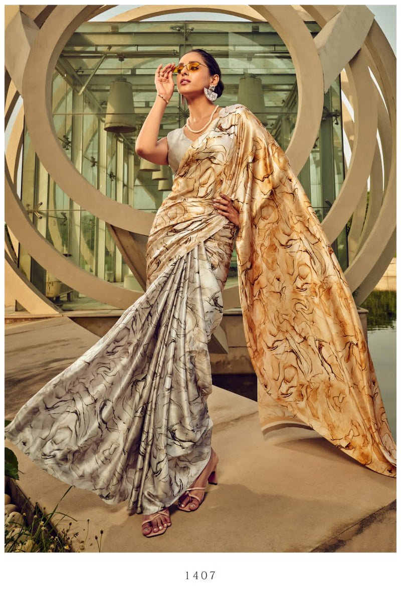 Beautiful Designer Digital Flower Print Satin Silk Saree