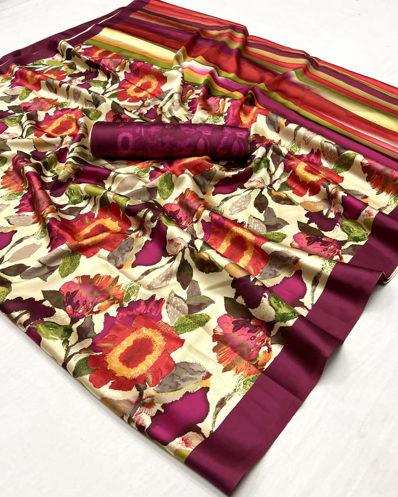 Beautiful Designer Digital Flower Print Satin Silk Saree