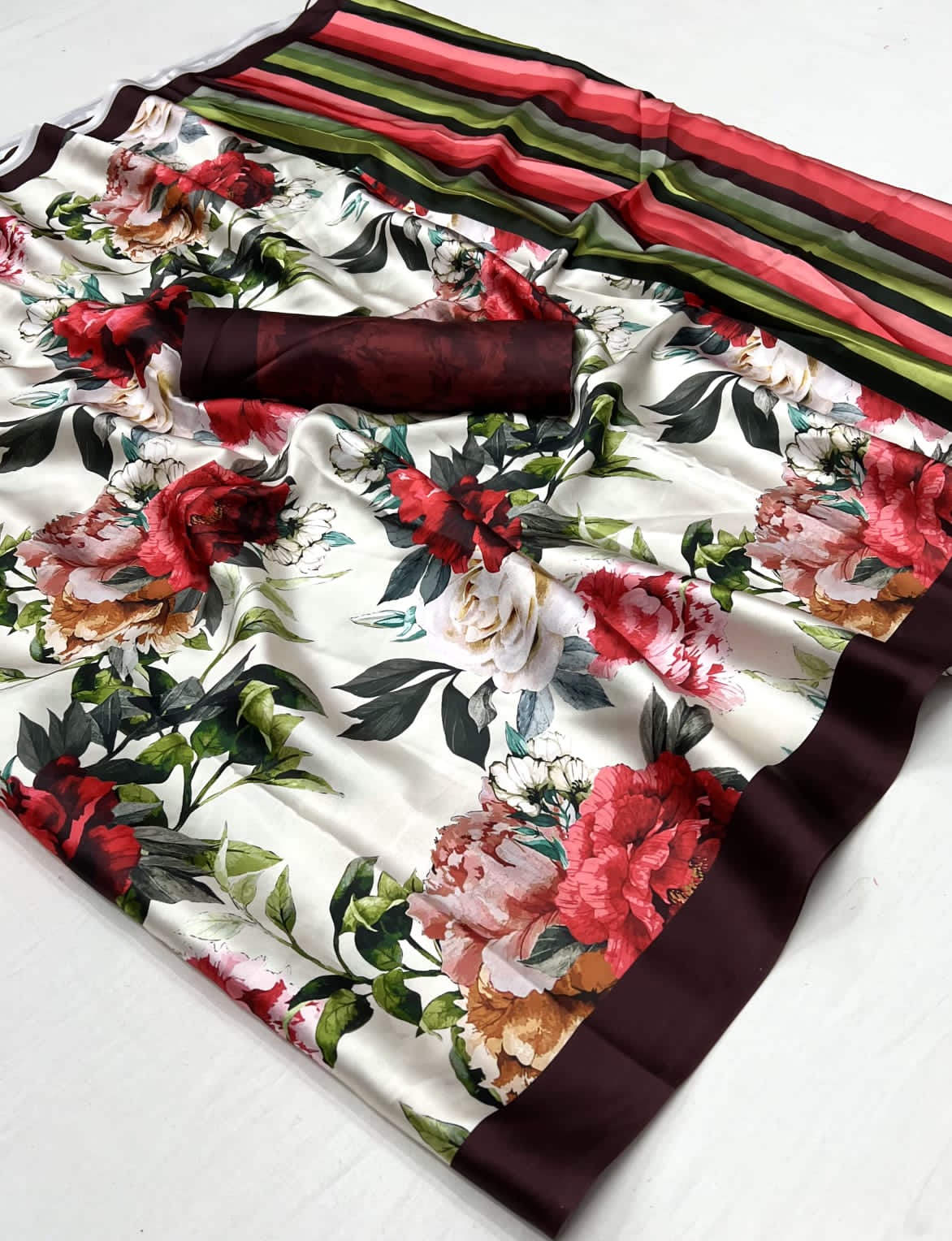 Beautiful Designer Digital Flower Print Satin Silk Saree