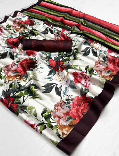 Beautiful Designer Digital Flower Print Satin Silk Saree