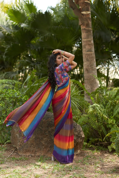 Beautiful Designer Digital Flower Print Satin Silk Saree