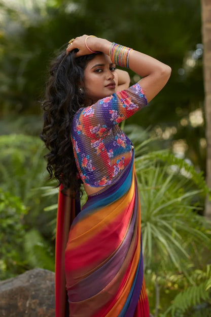 Beautiful Designer Digital Flower Print Satin Silk Saree