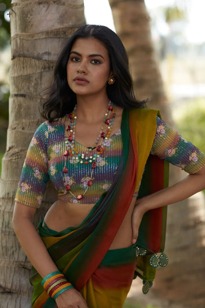 Beautiful Designer Digital Flower Print Satin Silk Saree