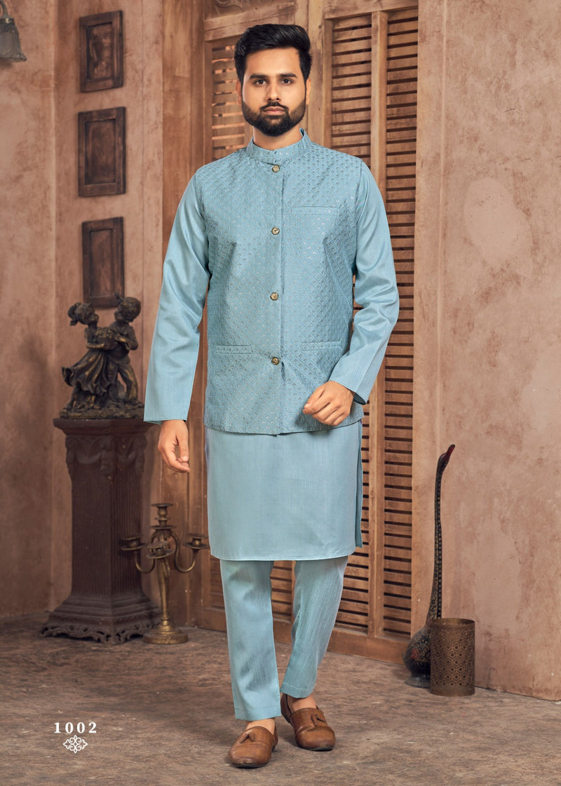 Beautiful Party Wear Banglori Silk Kurta Pajama With Koti Jacket
