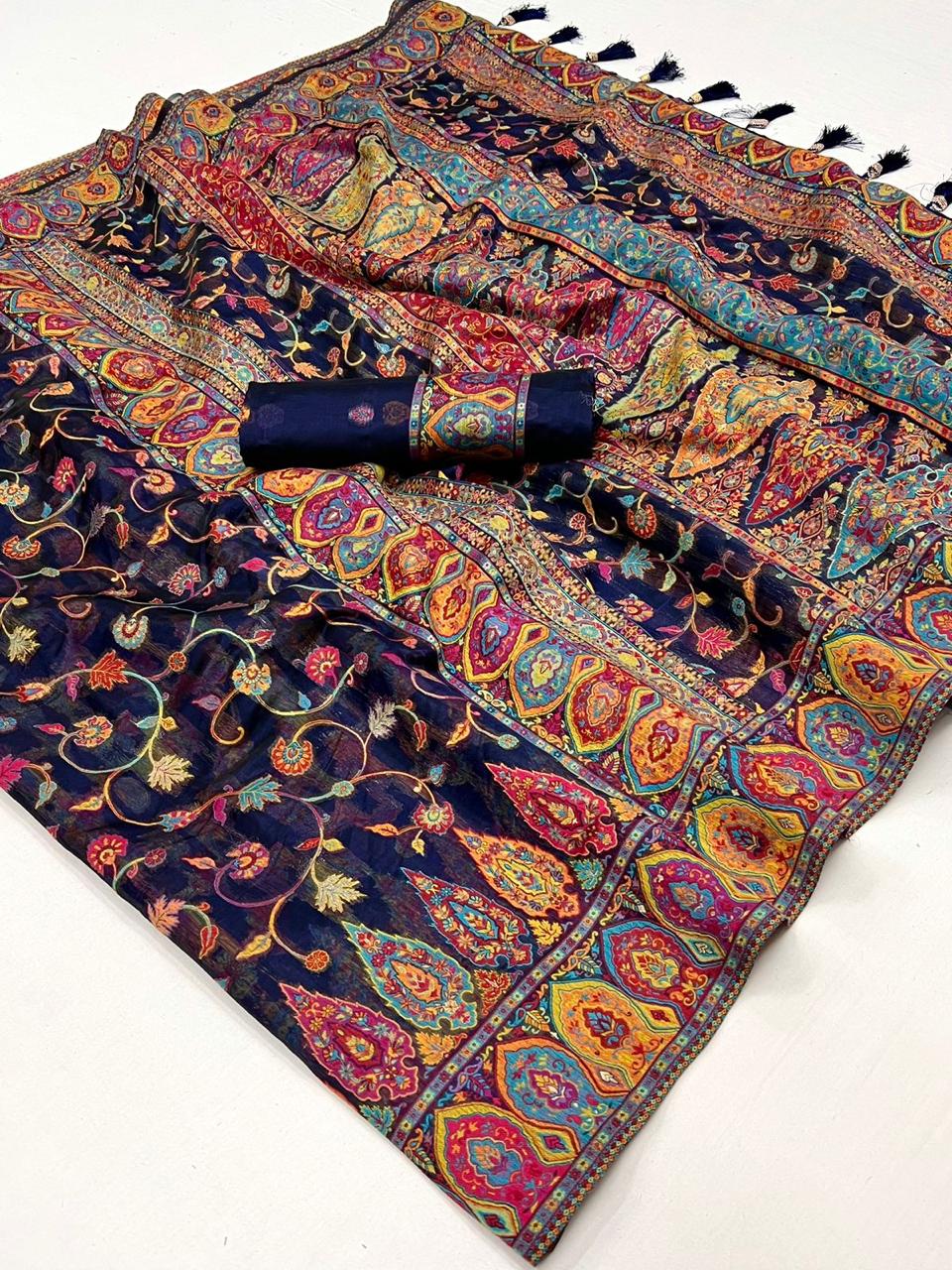 Beautiful Designer Soft Organza Kashmiri Handloom Weaving Saree