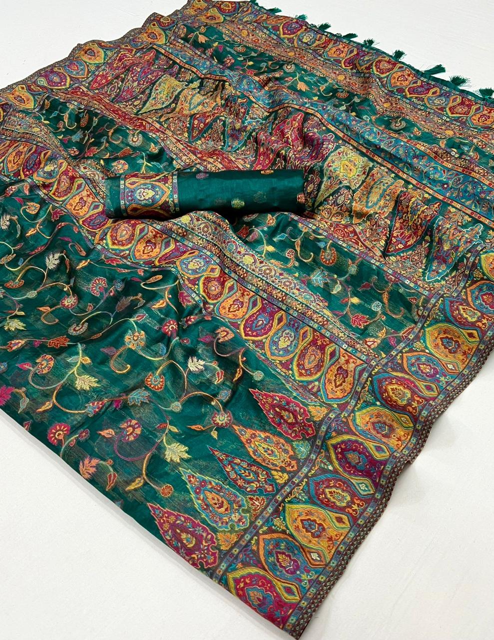 Beautiful Designer Soft Organza Kashmiri Handloom Weaving Saree