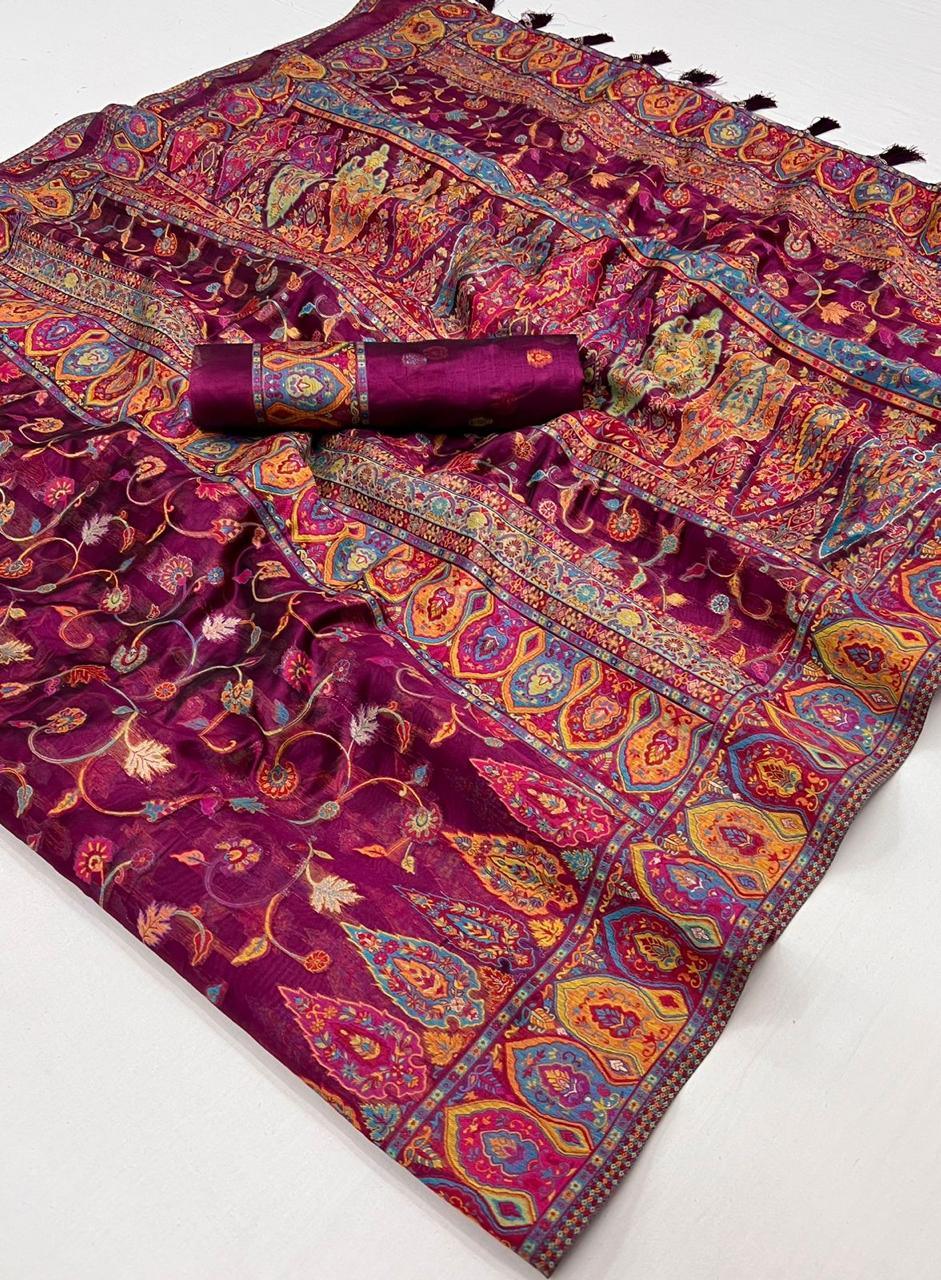 Beautiful Designer Soft Organza Kashmiri Handloom Weaving Saree